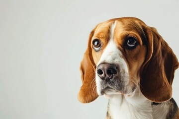 Adorable beagle dog gazing cute up at camera on white background with copy space for pet travel blogs