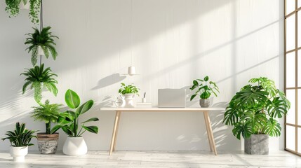 Minimalist white wall background with laptop and plants on the table, 3D rendering,