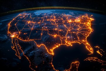 A map of the United States is lit up with orange lights