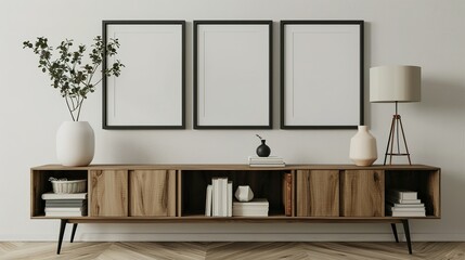 Three mock up poster frames on the wall in a modern living room interior. Books, a vase, and a lamp sit on a cabinet. Scandinavian style. 3D rendering.