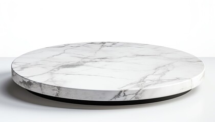 White round marble table top with black base.