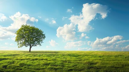 Obraz premium Single tree in lush green field under clear blue sky with fluffy white clouds