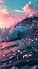 the concept of World Ocean Day. Beautiful nature landscape. World Water Day.  A huge wave in the ocean, with blue and pink gradient colors at sunset. 