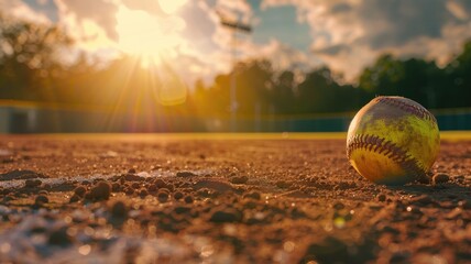 Softball on dirt field with sunset in background