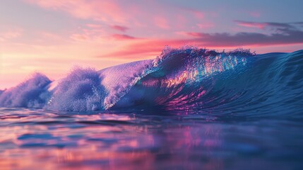 Fototapeta premium the concept of World Ocean Day. Beautiful nature landscape. World Water Day. A huge wave in the ocean, with blue and pink gradient colors at sunset. 