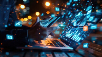 Businessman using mobile phone and laptop with digital hologram of a business graph, icons on a virtual screen for a social media marketing concept. Photo taken