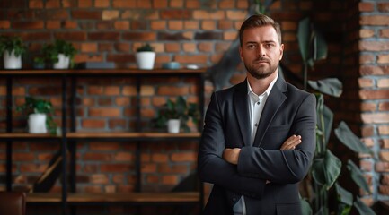 a confident businessman in a suit standing with his arms crossed, with copy space on the right side, background is an office interior with a brick wall and shelf with a green plant. generative AI - Powered by Adobe