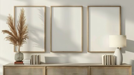Three mock up poster frames on the wall in a modern living room interior. Books, a vase, and a lamp sit on a cabinet. Scandinavian style. 3D rendering.