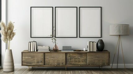 Three mock up poster frames on the wall in a modern living room interior. Books, a vase, and a lamp sit on a cabinet. Scandinavian style. 3D rendering.