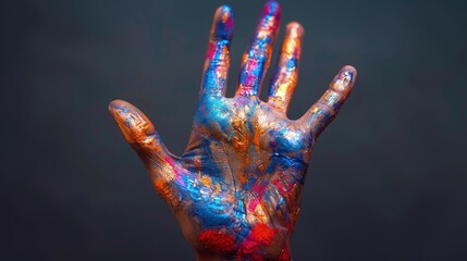 Hands full of colorful glossy oil paint on a dark background.