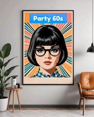 Mockup poster con el texto party 60s y retrato cara de mujer joven con gafas y estética retro