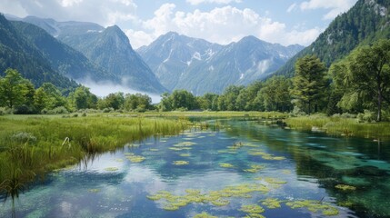 Fototapeta premium Nature Reserve In Zelenci, Kranjska Gora, Slovenia, Offering A Serene And Pristine Natural Setting, High Quality