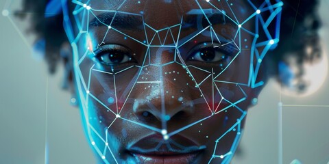 African american female cyber security analysts face with AI facial mapping technology overlay for smart security. 