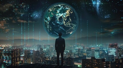A man in a suit stands and looks at the earth hologram above him.