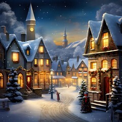 Christmas and New Year holidays background. Winter village at night with Christmas tree and...