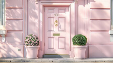Photo of A pink door with gold hardware and potted topiary in front, London style. Web banner with...