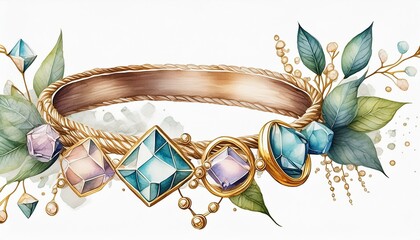 Naklejka premium Jewelry thread or string with crystals, beads and gold rings isolated on white background. Hand drawn watercolor illustration. Design element for decoration, cards and prints