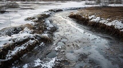 The stark contrast between frozen and thawed ground serves as a reminder of the impact of permafrost melting on vital infrastructure like oil pipelines in the Arctic.