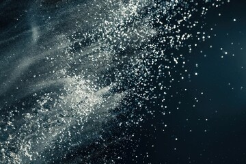 Starry night sky with falling white powder magical winter wonderland scene in nature