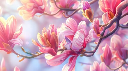 Spring Floral Nature Background With Lovely Magnolia Blossoms, Evoking The Beauty Of The Season,...