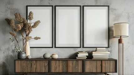 Three mock up poster frames on the wall in a modern living room interior. Books, a vase, and a lamp sit on a cabinet. Scandinavian style. 3D rendering.