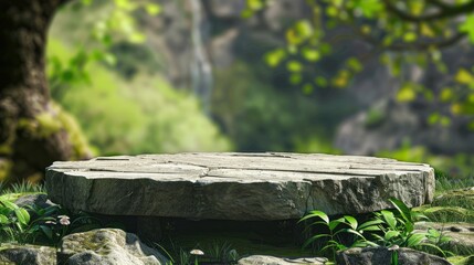 Obraz premium Stone Podium Table Top Outdoors With A Blurred Background, Perfect For Showcasing Products In A Natural Setting, High Quality