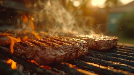 Sizzling steak on charcoal grill in backyard, enhancing outdoor cooking experience