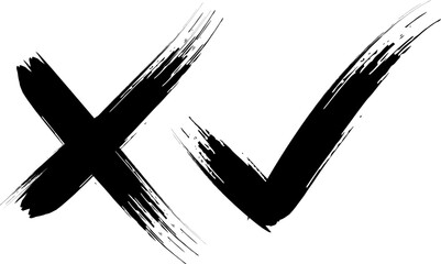 cross brush stroke, question mark, Yes, No simbols. Hand drawn vectorized brush texture icons, True or faulse, right or wrong, agree or disagree Vector objects
