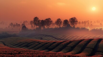 Sun Setting Over A Tea Plantation, Casting A Warm Glow Over The Landscape, High Quality