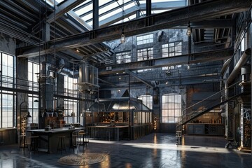dark industrial space with black metal furniture, skylight windows and high ceilings, photorealistic,