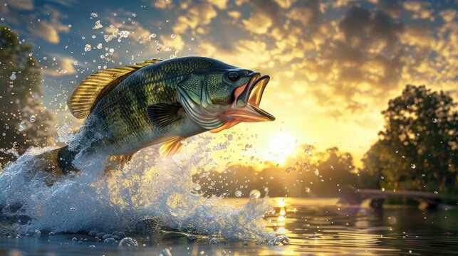 A large mouth bass jumping out of the water.