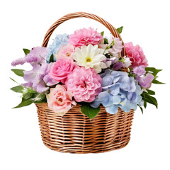 beautiful bouquet of bright flowers in basket isolated on transparent background