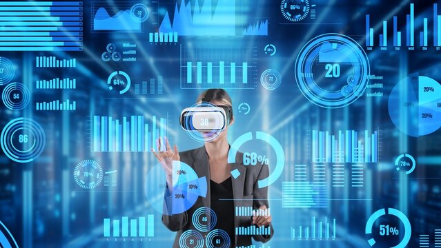 Woman searching coding programing update finance data world shape by VR future global interface digital infographic network technology virtual hologram animation sliding at server room. Contraption.