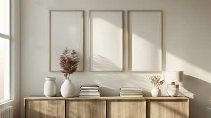 Three mock up poster frames on the wall in a modern living room interior. Books, a vase, and a lamp sit on a cabinet. Scandinavian style. 3D rendering.