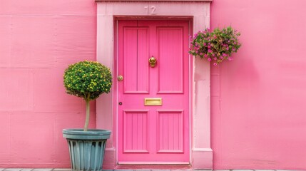 Pink door with gold handle and potted topiary tree in front of it, colorful background, closeup