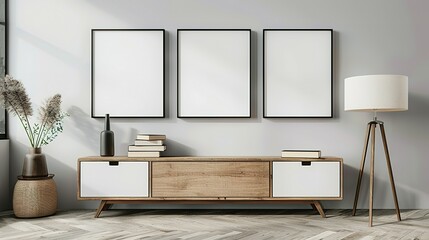 Three mock up poster frames on the wall in a modern living room interior. Books, a vase, and a lamp sit on a cabinet. Scandinavian style. 3D rendering.