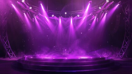 The background of the concert stage is purple, with spotlights shining on it and light effects...