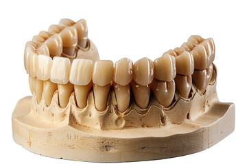 3D printed dentures on a plaster jaw model.