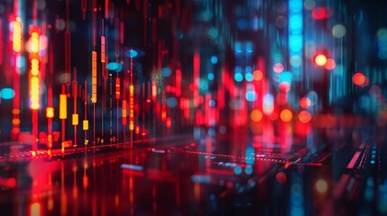 A digital financial dashboard with graphs and data, against a blurred stock market display, Illustration, Modern, Crisp and vibrant