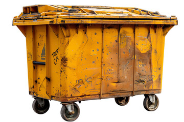 A large yellow plastic trash can on wheels