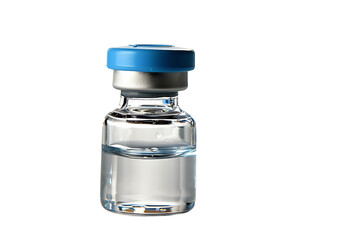 A small glass vial with a blue cap containing a clear liquid, on a white background.