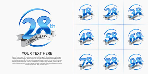 anniversary logotype set vector, blue color and silver ribbon for special day celebration