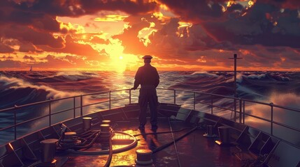 The captain stands on the bridge of his ship, looking into the distance and holding his hands behind his back at sea level with waves in sunset lighting, in the photo realistic, high resolution style. - Powered by Adobe