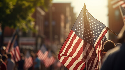Close-up of American Flags at a Patriotic Parade