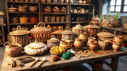 A traditional basketry workshop with tools and materials spread out on a table