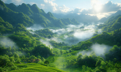 Fototapeta premium The hillsides are covered with rice terraces.