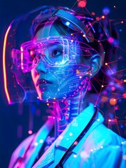 Doctor woman using 3D Al with neon light color around her, A doctor woman using 3D artificial intelligence, a blue light in the back, 4k, Generated Al