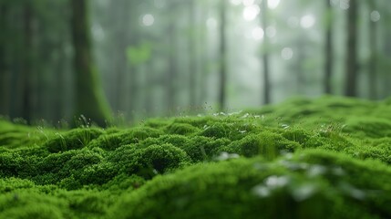 Fototapeta premium Green Moss Close-Up In A Forest Landscape, Creating A Blurred And Lush Scene, High Quality