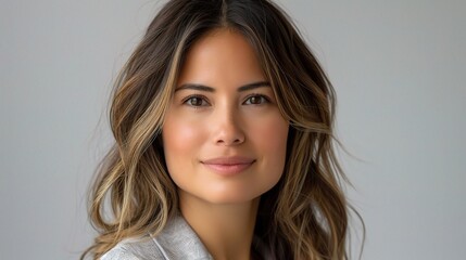 Naklejka premium businesswoman in a studio setting, exuding confidence and happiness with her professional demeanor and cheerful smile. 
