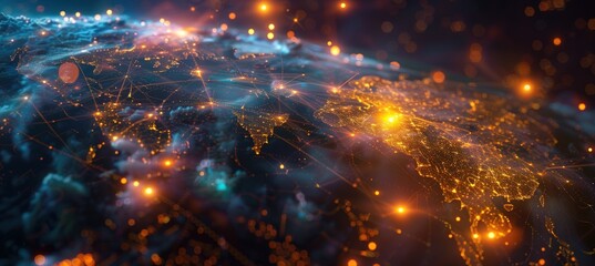 Obraz premium 3D rendering of a city map with glowing lines connecting world .